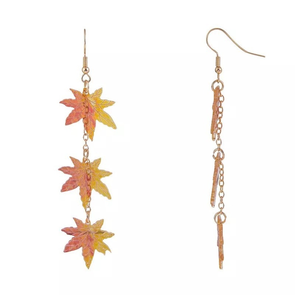 Fall Triple Maple Leaf Chain Drop Earrings Gold NWT